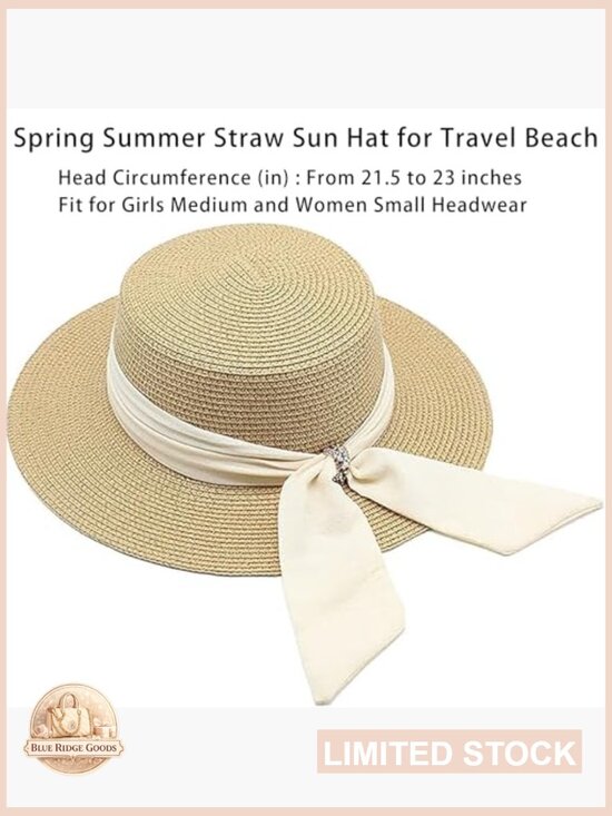 Wide Brim Straw Beach Hat Bow Ribbon Boater Flat Top Summer Sun Hat Adjustable main image 5